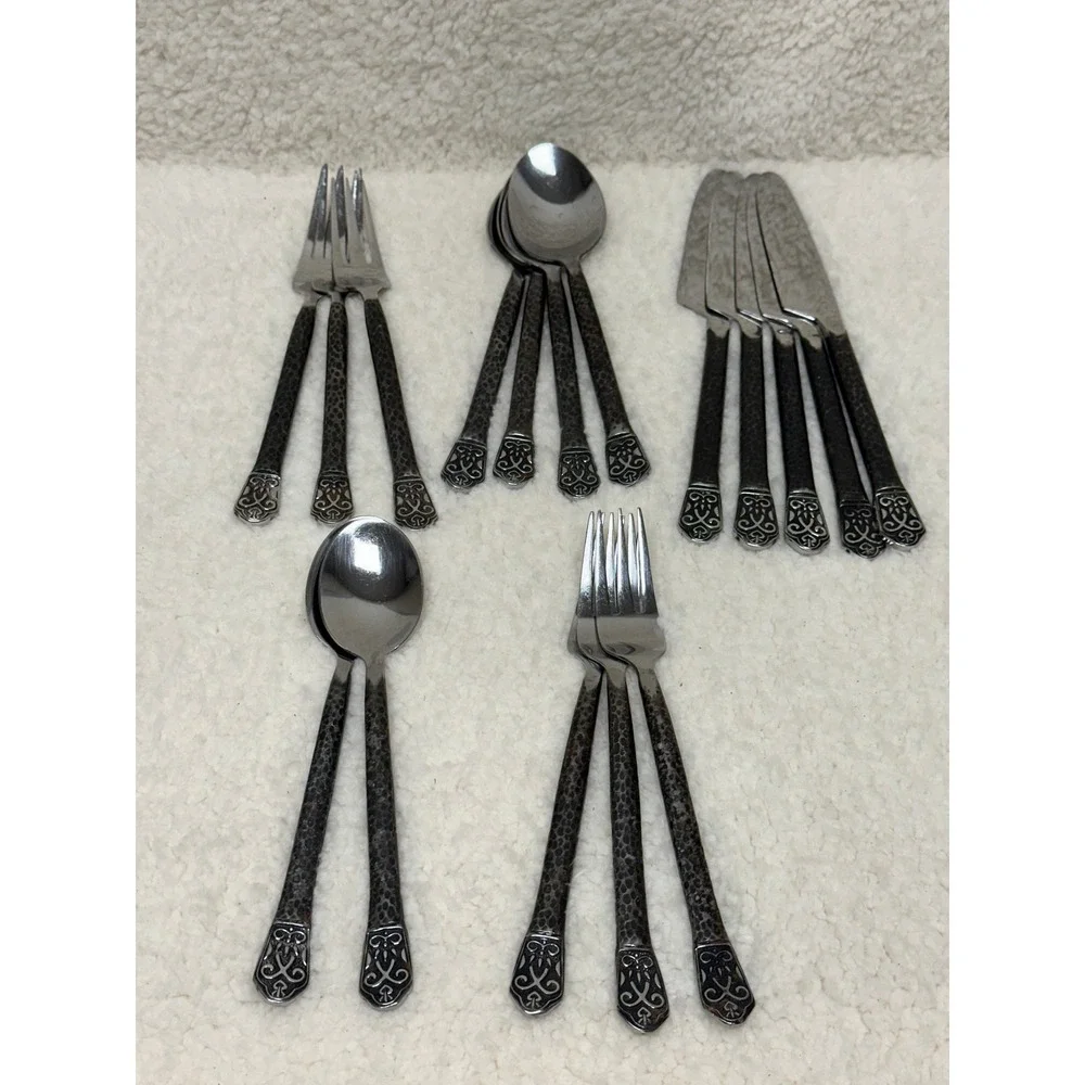 Mixed Lot 17pc Flatware Stainless Hammered Ornate Avalon Dark Metal